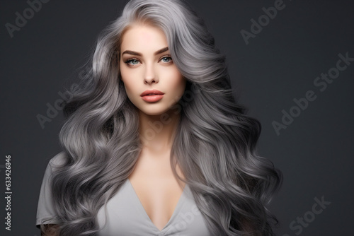Generative AI illustration of charming attractive young model woman demonstrating hairdress dyed hair style