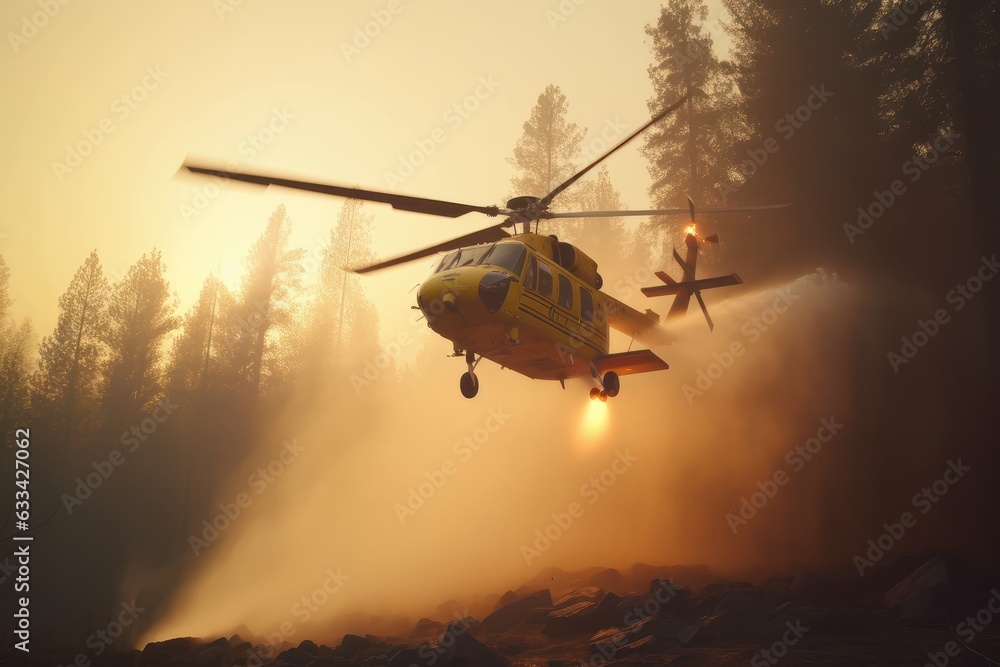 Rescue helicopter extinguishes a forest fire by dropping a large amount of water on a burning coniferous forest. Saving forests, fighting forest fires. Low angle view from the ground. 3D rendering.