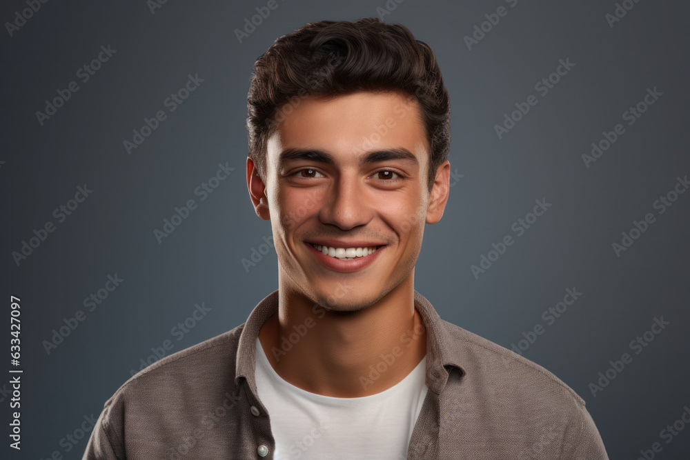 Young man smiles in casual wear, isolated on grey background Young man smiles in casual wear, isolated on grey background