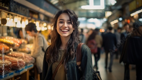 Woman admiring a mouth-watering food that surrounds her at a local market