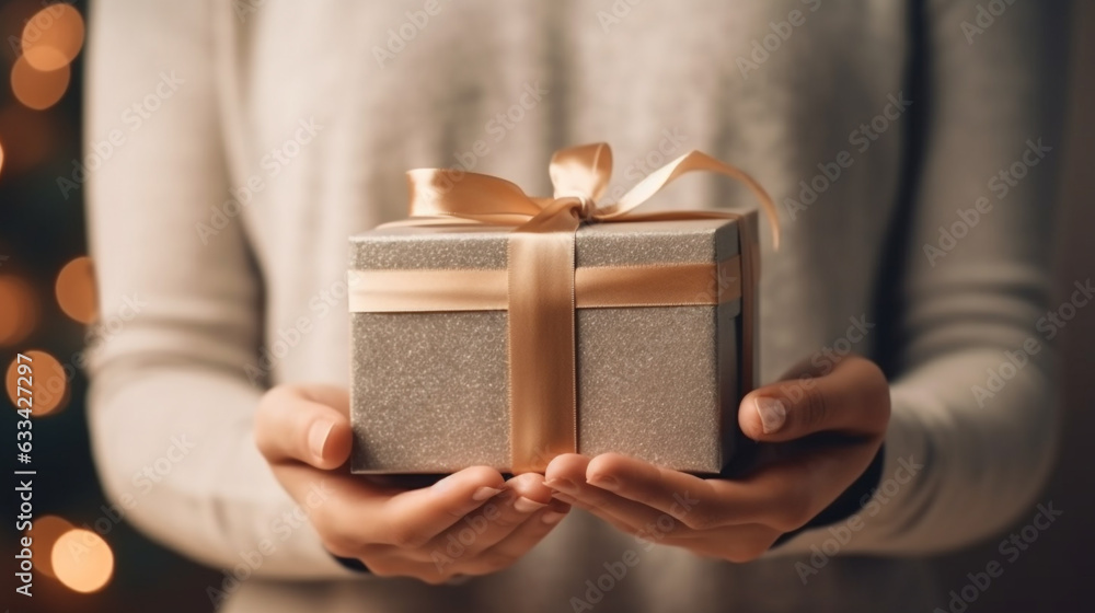 girl with a gift in her hands close-up. Generative Ai. girl with a gift in her hands close-up. Generative Ai.