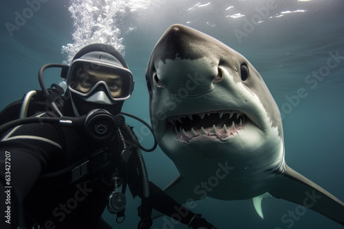 A selfie of a scuba diver with a large white shark underwater in the ocean. Active tourism.