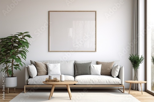 Scandinavian style living room with modern interior background showcasing a mock up poster frame. © 2rogan