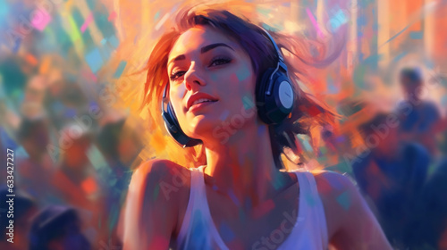 young girl in headphones at the disco, illustration in abstract impressionism style. Generative Ai.