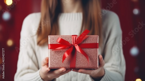 girl holding a gift box tied with red ribbon. Generative Ai.