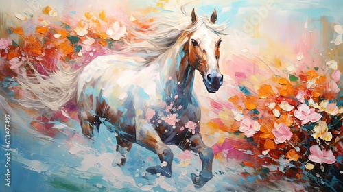 Fototapeta Naklejka Na Ścianę i Meble -  painting style illustration of elegance brown horse running in flower forest, happy animal life, Generative Ai