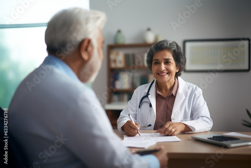 An Indian doctor in a white coat advises an elderly patient. Medical reception of a doctor in a clinic. AI generated. photo