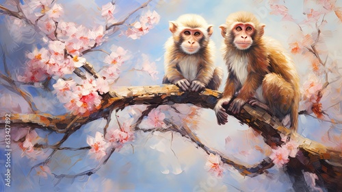 painting style illustration of two happy monkey on pink flower blossom tree, Generative Ai photo