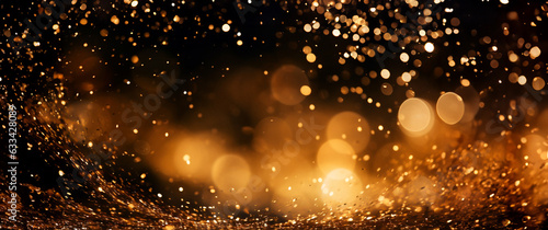 Glowing golden particles on a black background. The particles are of varying sizes and are scattered randomly. Shallow depth of field. Warm and festive vibes.