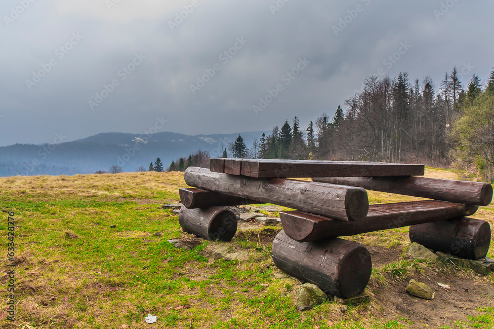 Resting point on the Świnkówka clearing by the blue tourist trail to Gorc on a spring cloudy day (Gorce, Poland)