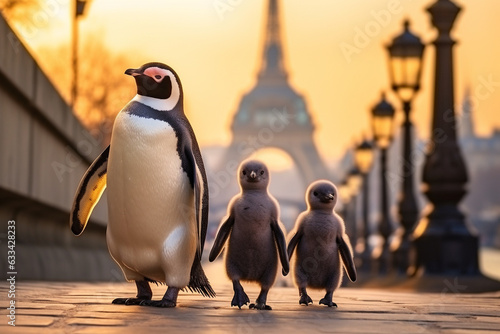 Family, a group of penguins are walking in Paris.