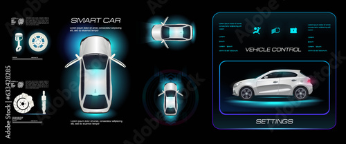 Concept smart car and unmanned control. Diagnostics car settings on holographic screen. Creative concept banner with beautiful realistic car