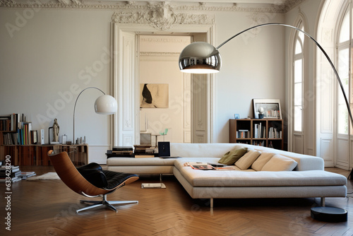 Living room interior with Arco Flos floor lamp.