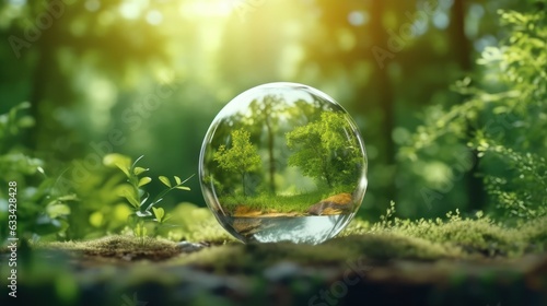 Transparent crystal sphere in a green forest filled with sunlight. Grass, trees and water are reflected in the glass globe. Protection of water resources concept. Environmental care. 3D rendering.