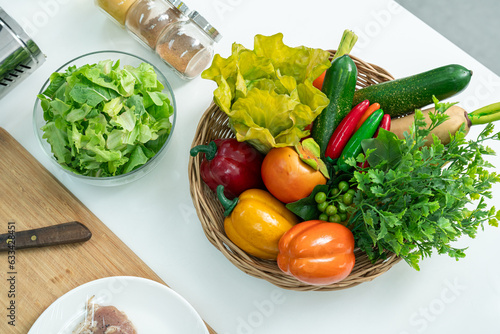 arrangement of fruits, vegetables and a whisk on the kitchen on white table. Flat lay, ready Copyspace for text. Concept of food preparation, kitchen healthy and vegetarian foods background.