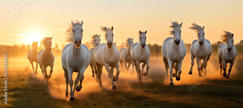 Photographie A herd of white horses runs across the meadow at sunset.