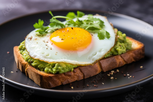 Toast with scrambled eggs and avocado guacamole. Guacamole is a cold avocado appetizer.