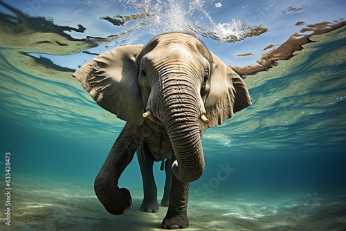 Elephant swims in the sea  underwater view.