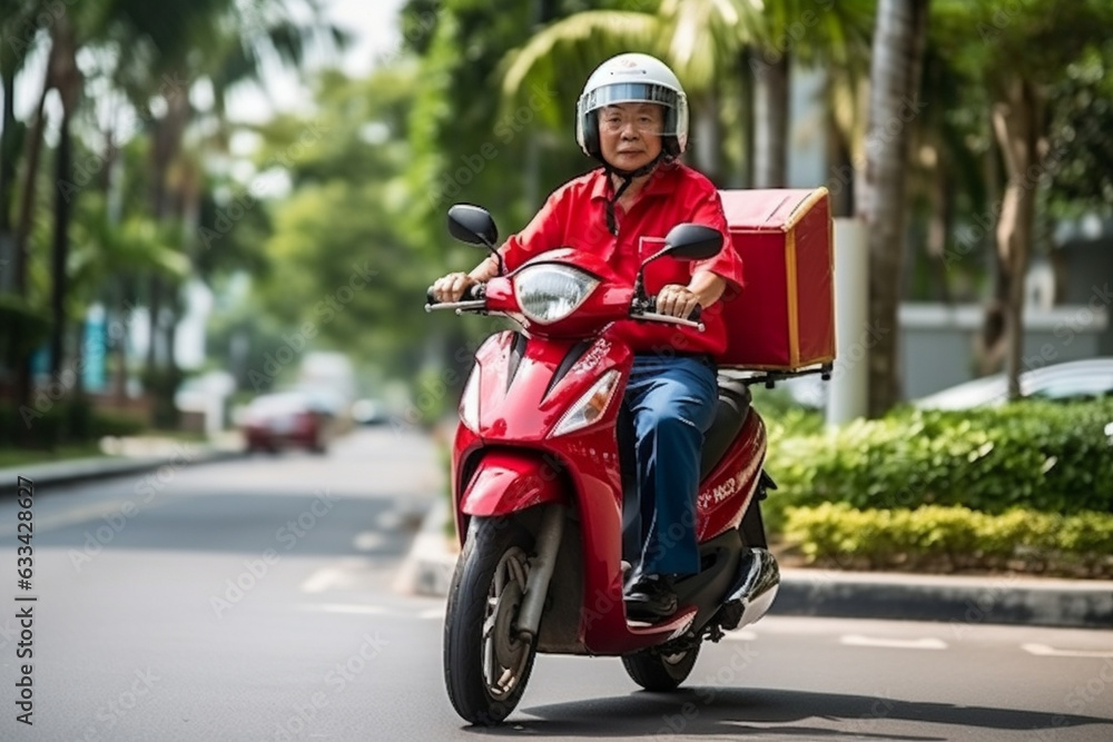 Elderly  woman is a food delivery man. Delivery woman driving scooter.