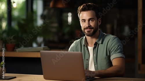 portrait of creative caucasian man in casual wear working and present discussing with laptop on wood table in office in dark tone, Generative AI
