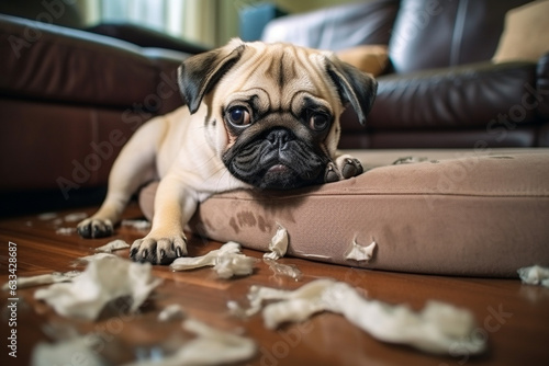 Pug puppy tore the pillow, the sofa and sits among the mess.