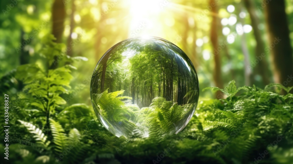 Transparent crystal sphere in a green forest filled with sunlight. Grass, trees and water are reflected in the glass globe. Protection of water resources concept. Environmental care. 3D rendering. Transparent crystal sphere in a green forest filled with sunlight. Grass, trees and water are reflected in the glass globe. Protection of water resources concept. Environmental care. 3D rendering.