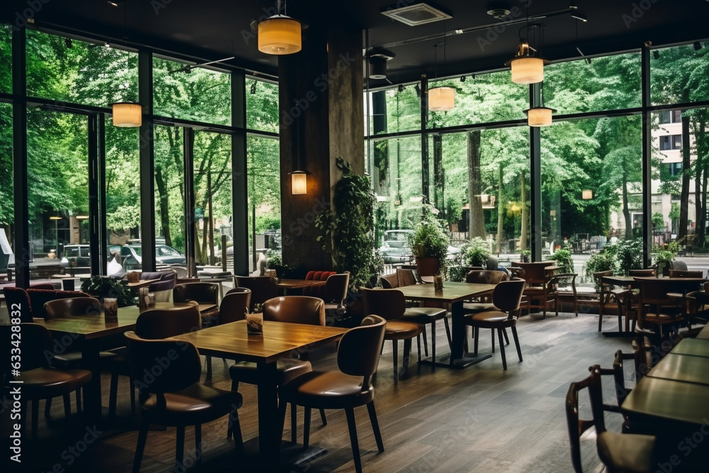 Obraz premium Large spacious empty cafe or restaurant with huge windows overlooking the garden.