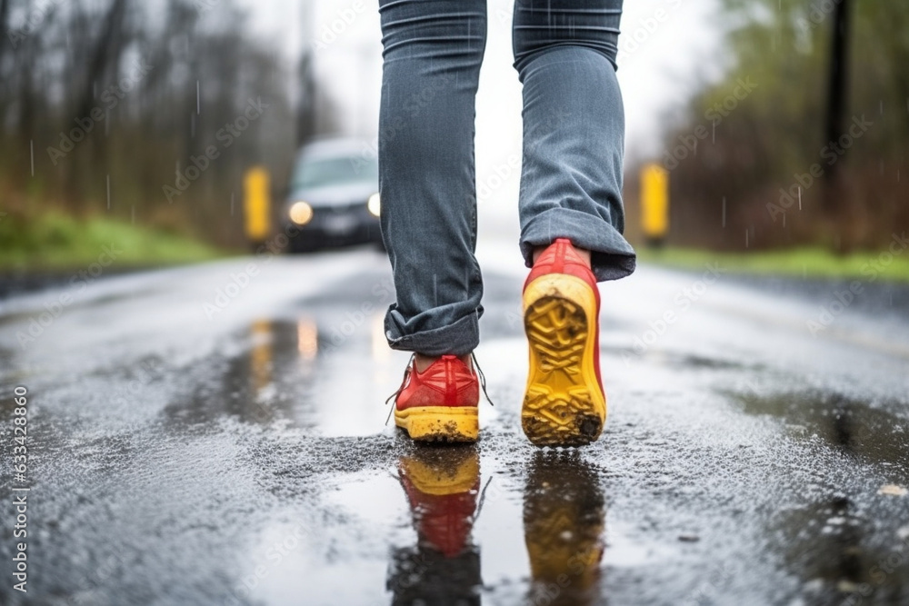 Close-up view, low angle, female legs are walking along the rainy street of the city. Close-up view, low angle, female legs are walking along the rainy street of the city.