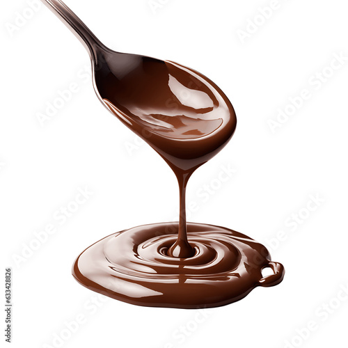 Molten dark chocolate cascading from a tilted spoon 