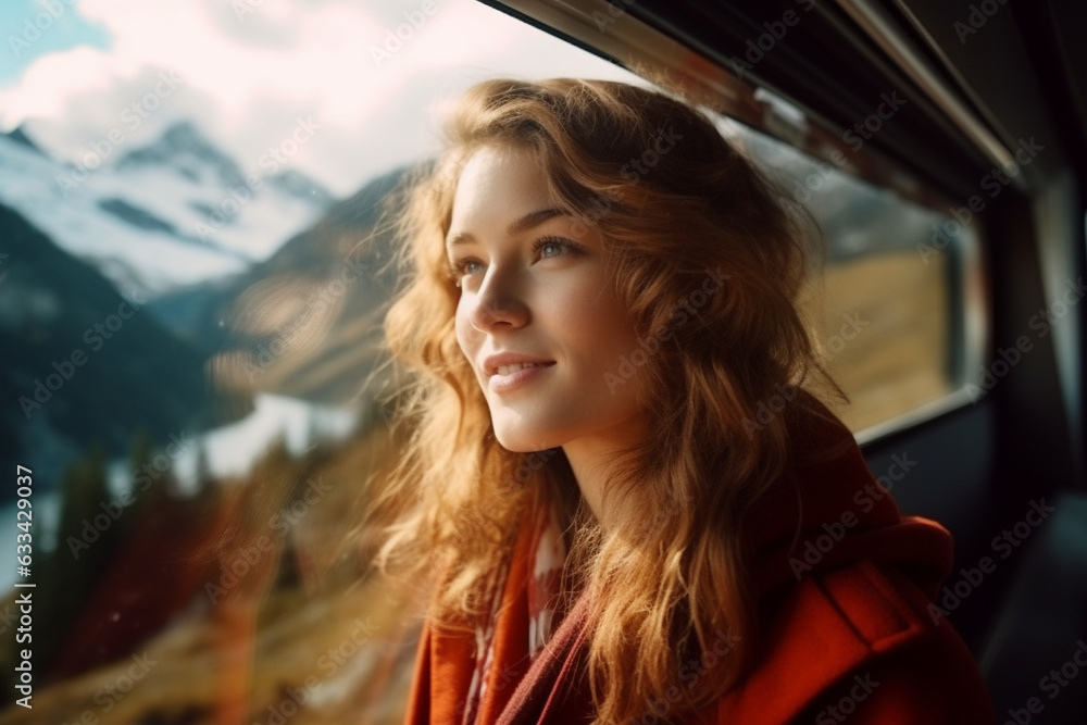 A beautiful young woman sits near the window in the train and admires the Alpine mountain landscape. A beautiful young woman sits near the window in the train and admires the Alpine mountain landscape.
