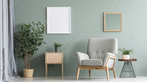 Front view of a modern living room in green tones. Green wall with poster templates, comfortable armchair, side table, coffee table, green plants in a pots, home decor. Mockup, 3D rendering.