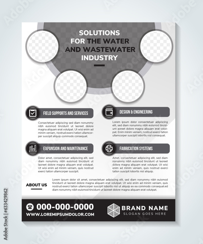 solutions for the water and wastewater industry flyer. Vector layout of A4 cover mockups design templates for brochure, book design, brochure cover. diagonal grey gradient pattern background. photo