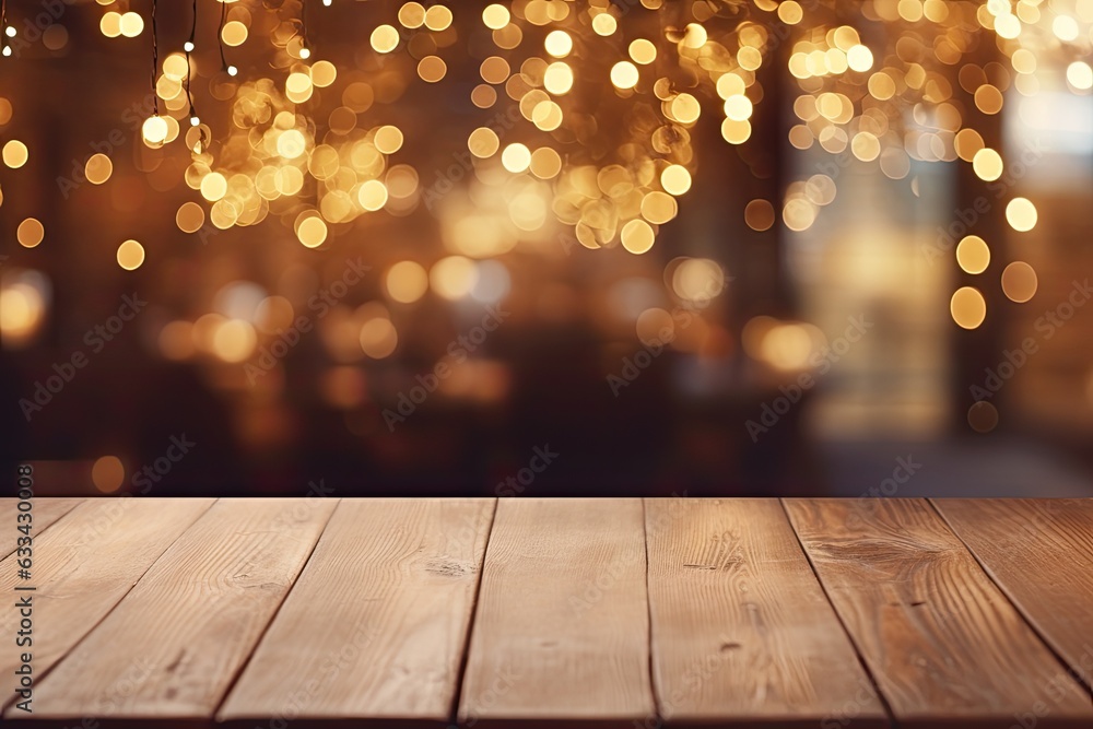 The background of the restaurant is blurred, and there is a wooden table without any items on it. The table is lit up with twinkling lights, creating a bokeh effect.