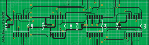 Vector printed circuit board of an electronic 
device with components of radio elements, 
conductors and contact pads placed on it. 
Engineering drawing with grid.