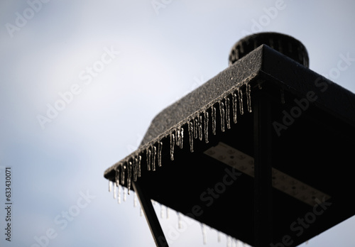 close up of glaze ice on a street lamp
