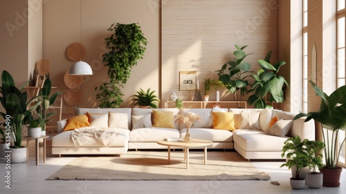 Cozy elegant boho style living room interior in natural colors. Comfortable corner couch with cushions, many houseplants, wooden coffee table, rug on the floor, home decor. 3D rendering. © Georgii