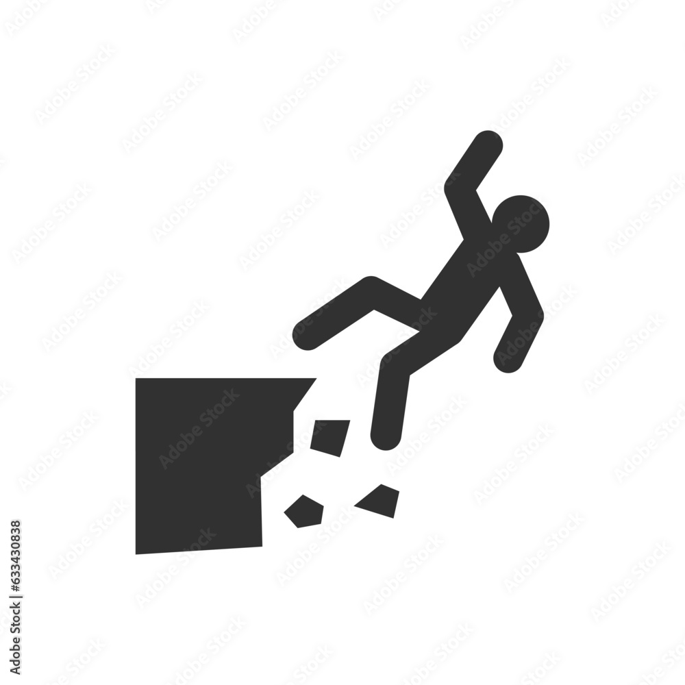 Watch out for rock falls icon. Person falls on a turning cliff. Monochrome black and white symbol Watch out for rock falls icon. Person falls on a turning cliff. Monochrome black and white symbol