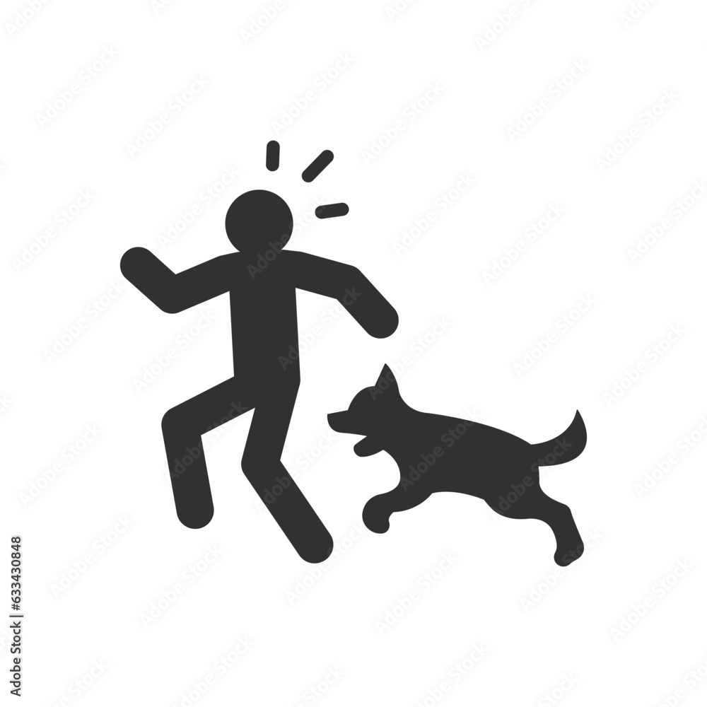 Watch out for the angry dog icon. Dog chasing person. Monochrome black and white symbol Watch out for the angry dog icon. Dog chasing person. Monochrome black and white symbol