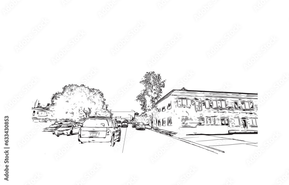 Building view with landmark of Redding
City in California. Hand drawn sketch illustration in vector.