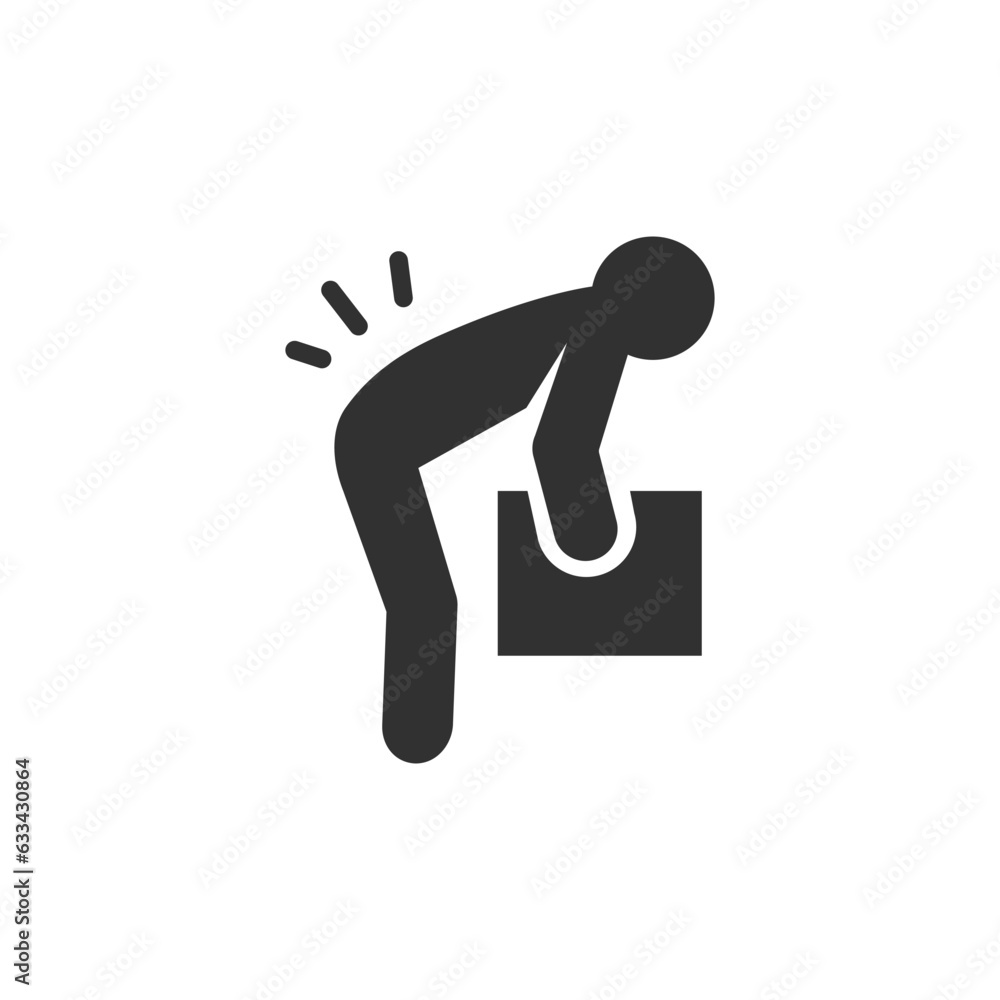 Lifting a heavy object incorrectly icon. Person experiences back pain while lifting heavy