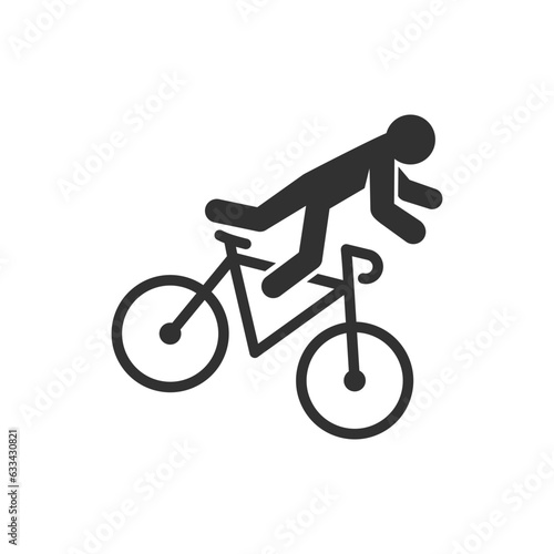 Person falls off bicycle icon, trauma accident. Monochrome black and white symbol