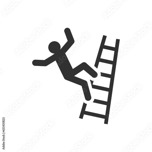 Person falls down the ladder icon. Accident. Falling from a ladder. Observance of safety. Monochrome black and white symbol