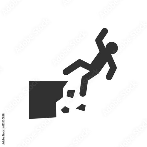 Watch out for rock falls icon. Person falls on a turning cliff. Monochrome black and white symbol