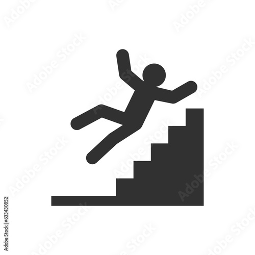 Person falls down the stairs icon. Watch out for the stairs. Monochrome black and white symbol