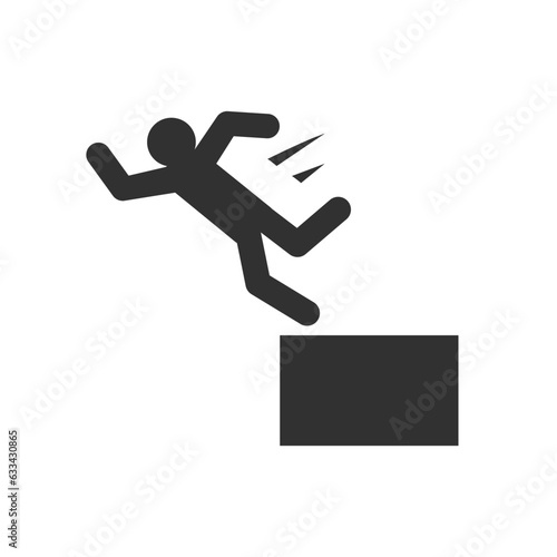 Person falls off a cliff icon. Falling from the edge. Careful of the cliff. Monochrome black and white symbol