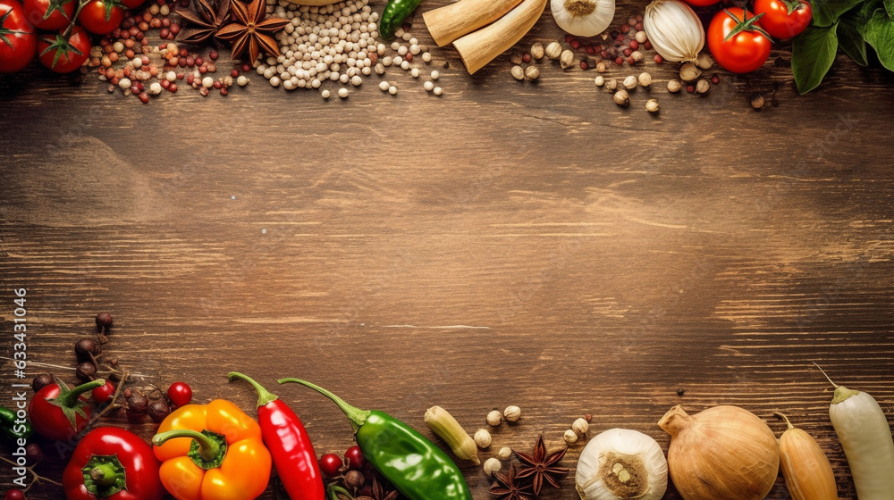 a large set of vegetables and spices on a vintage wooden table with empty space to insert. Generative Ai. a large set of vegetables and spices on a vintage wooden table with empty space to insert. Generative Ai.