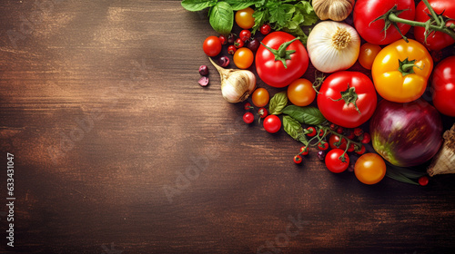 fresh vegetables and spices on wooden vintage background with empty space to insert. Generative Ai.
