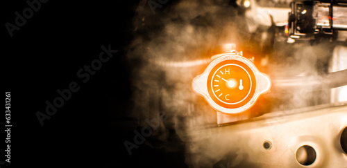 Obraz na plátně The radiator overheats and hot steam in the engine compartment, high temperature water gauge of car radiator, panoramic banner with copy space for text, car maintenance service concept