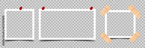 Realistic picture frame set. Photo frame set pasted with adhesive and push pins. Photo frame template with shadows on a transparent background