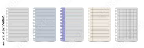 Realistic lined note paper with various variations. Set of torn sheets of paper from a workbook with a real shadow effect. Illustration of binder paper sheet with lines and boxes for writing notes